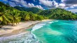 © DigitalArt Max - Turquoise waves gently lap at the pristine white sand shoreline of a secluded tropical beach surrounded by lush green hills.