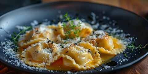 Canvas Print - Rabbit-filled Agnolotti in Shiitake Broth with Parmesan and Thyme on a Black Plate. Concept Italian Cuisine, Pasta Dish, Gourmet Cooking, Fine Dining, Culinary Art