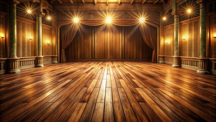 Sticker - Polished wooden floorboards of a classic theater stage illuminated by soft warm lighting with subtle shadows and gentle wood grain texture.