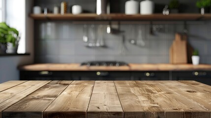 Abstract kitchen background with empty wooden tabletop for display or product montage