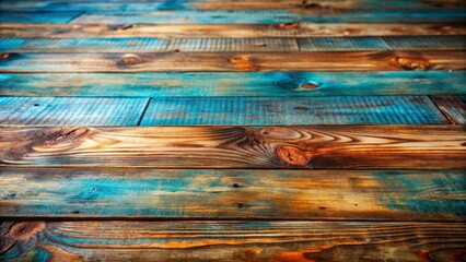 Wall Mural - Rustic wooden surface featuring calming blend of blue and brown hues, evoking sense of earthy serenity.