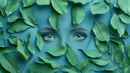 Eyes covered with green plants on a blue background.