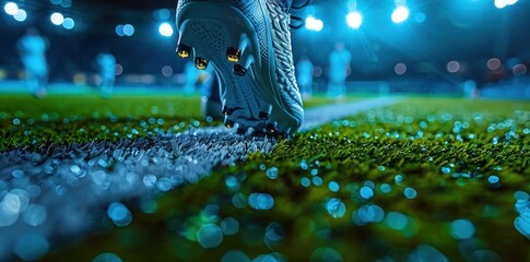 Close up of a soccer player's foot in a blue shoe on a football stadium field background with copy space.