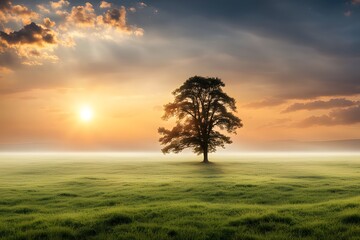 Wall Mural - sunrise and alone tree in a land 4k desktop wallpaper