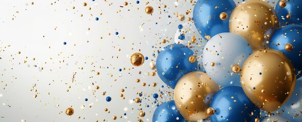 Poster - Blue and Silver Balloons With Golden Confetti Against White Background