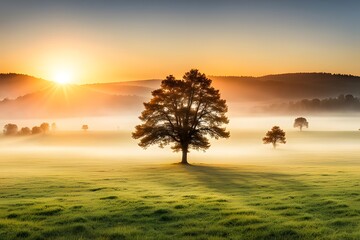 Wall Mural - sunrise and alone tree in a land 4k desktop wallpaper