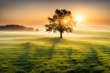 Wall Mural - sunrise and alone tree in a land 4k desktop wallpaper