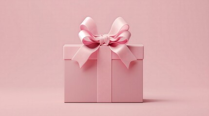 A minimalistic 3D mockup of a gift box with a pink pastel color ribbon bow, elegantly standing on a soft pink background