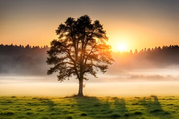 Wall Mural - sunrise and alone tree in a land 4k desktop wallpaper