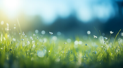 Wall Mural - a fresh spring sunny garden background of green grass and blurred foliage bokeh.