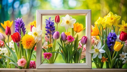 Vibrant multicolored blooms of daffodils, tulips, and hyacinths overflow from ornate white wooden frame against soft blurred natural green background.