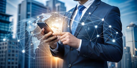 Canvas Print - business people in formal suit using smartphone with global connection