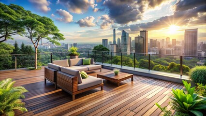 Expansive wooden rooftop deck with sleek railings, modern outdoor furniture, and lush greenery, offering serene urban escape ambiance.