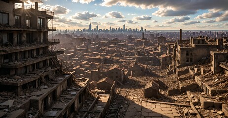 Poster - aerial view of medieval urban city town with tall buildings, houses, and towers cityscape. fantasy ancient european wasteland style.