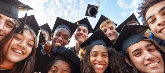 Wall Mural - A group of students dressed in black hoodies and gowns captured the youthful faces of a group laughing and embracing as they celebrated life's big moment