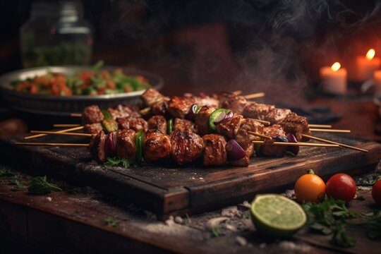 Shish kebab on skewers with vegetables on a dark background. Delicious dish.