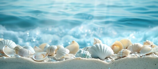 Poster - Blue ocean backdrop with empty space and shell edging, concept of summer getaway and break.