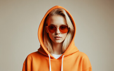 Trendy Young woman with Blonde Hair Sporting Bright Orange Hooded Sweatshirt, Contemporary Casual Outfit, Fashionable Street Style Look, Bold Colorful Daily Wear