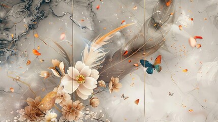 Wall Mural - Abstract panel wall art with marble background and delicate feather, floral, and butterfly silhouettes for chic wall decor