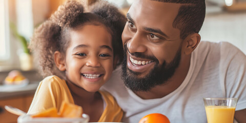 A father and daughter share a joyful moment together at home, smiling and bonding over breakfast.