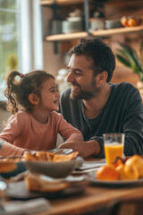 Sticker - A father and daughter enjoy a positive, affectionate breakfast together at home, sharing laughter and connection.