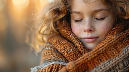 Wall Mural - Young girl wrapped in a knitted scarf