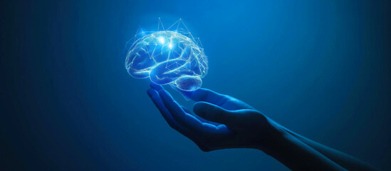 Wall Mural - A human hand gently holds a glowing brain. The concept of the power of knowledge, creativity, ideas, intelligence, the potential for innovation, and intellectual capacity. Generative AI.