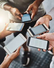 Poster - Cellphone, screen and hands of people in group for networking on social media, mobile app or internet. Technology, mockup and above in circle with phone for connectivity, contact or notification.