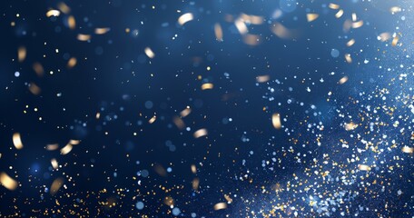 Falling confetti on blue background, abstract background with dark blue and gold particle. Golden light shine particles Bokeh on navy blue background, celebration concept
