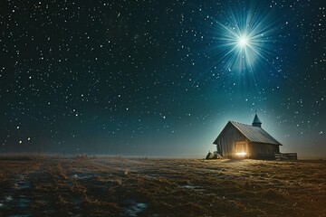 Wall Mural - Christmas star shining over a snow-covered church at night. Concept of Christmas, hope, faith, religion, and peace.