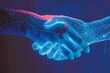 © Banstanks - hand shaking between human and digital hand, integration between human and artificial intelligence.