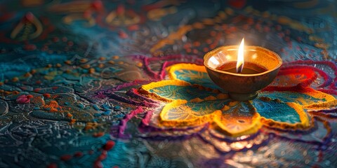Wall Mural - Traditional Diwali Clay Lamp or Diya on Rangoli Design for Diwali Festival. Concept of Indian Culture, Religion, and Celebration