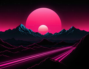 Retro Futuristic Vaporwave - sunrise over the mountains, sunrise in the mountains