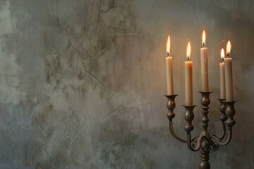 Wall Mural - Antique silver candelabra with burning candles against a textured wall, creating a cozy, romantic or spiritual ambiance