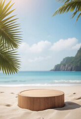 Wall Mural - Wooden podium for product display on the tropical beach background