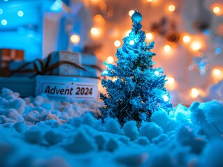 Poster - Advent 2024. Christmas tree, blue lights, surrounded by fluffy snow