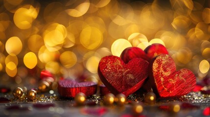 Sticker - Handcrafted red wooden hearts with love on shiny gold bokeh backdrop