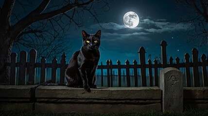 Wall Mural - A black cat sits on a spooky cemetery fence
