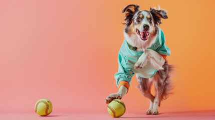 Wall Mural - Happy Dog in Blue Jacket Plays with Baseball