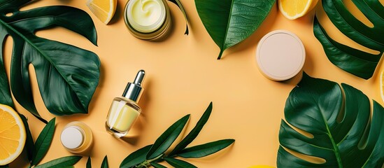 Aufkleber - Flat lay shot of organic cosmetic products with green leaves on a colored background, showcasing the items with copy space image.