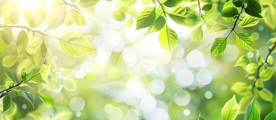 Poster - A spring-themed banner showcasing vibrant green leaves and branches on a sunny day, perfect for design with ample copy space image.