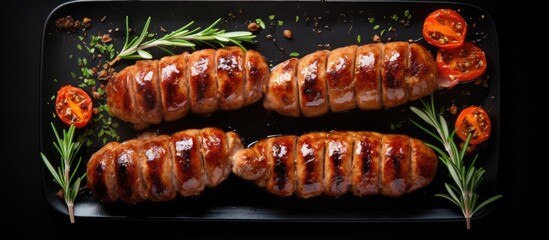 Poster - Top view of grilled pork meat sausages on a grill against a gray background, with available copy space image.