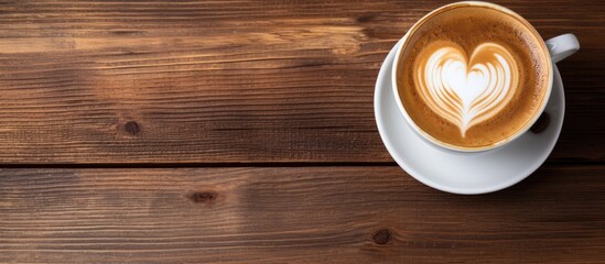 Aufkleber - Cappuccino with latte art on wooden background, perfect for a copy space image.