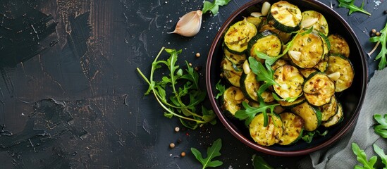 Aufkleber - Zucchini roasted in the oven with garlic and greens in a bowl over a dark background offering room for the image. Top-down view. with copy space image. Place for adding text or design