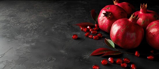 Poster - Table with ripe pomegranates on black background, ideal for a copy space image.