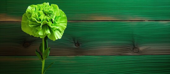 Wall Mural - Green carnation flower against a wooden backdrop with copy space image.