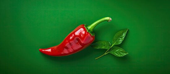 Aufkleber - Top view of a fresh red hot pepper on a green background, capturing a close-up image with copy space available.