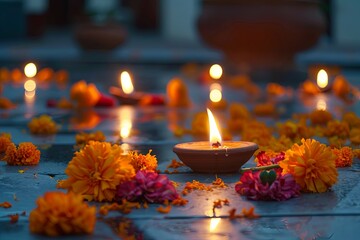 Wall Mural - Floating diya lamps and marigold flowers during Diwali festival. Concept of Hinduism, tradition, celebration, and spirituality.