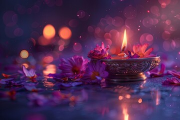 Wall Mural - Diwali celebration.  Silver diya oil lamp lit during Diwali festival with pink flowers, bokeh, and festive lights. Concept of Hindu festival, tradition, and spirituality.