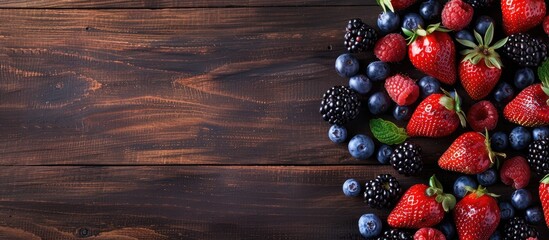 Aufkleber - Wooden table adorned with fresh ripe strawberries, blueberries, and blackberries in a top-down view, leaving room for a copy space image.